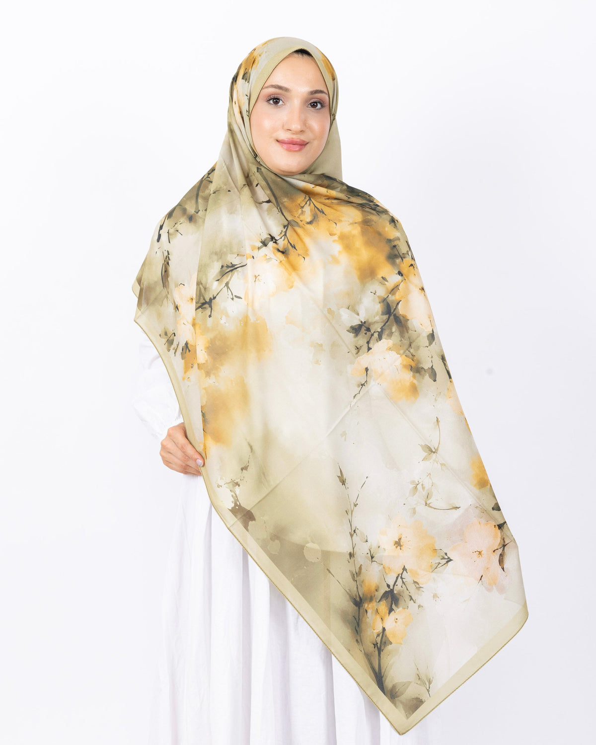 Fransız İpeği D017 Yeşil, çiçekli desenli, 75 × 185 cm şal – görsel 2