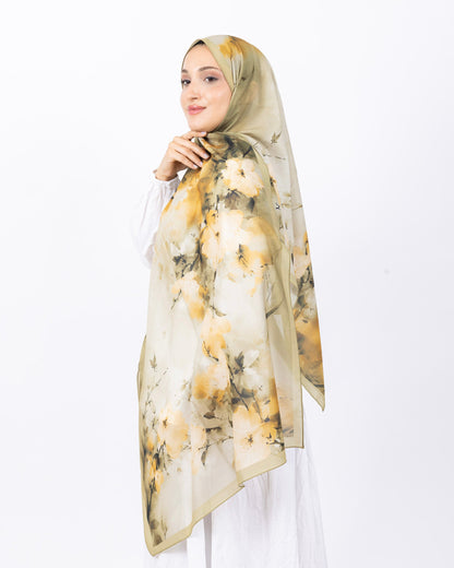 Fransız İpeği D017 Yeşil, çiçekli desenli, 75 × 185 cm şal – görsel 1