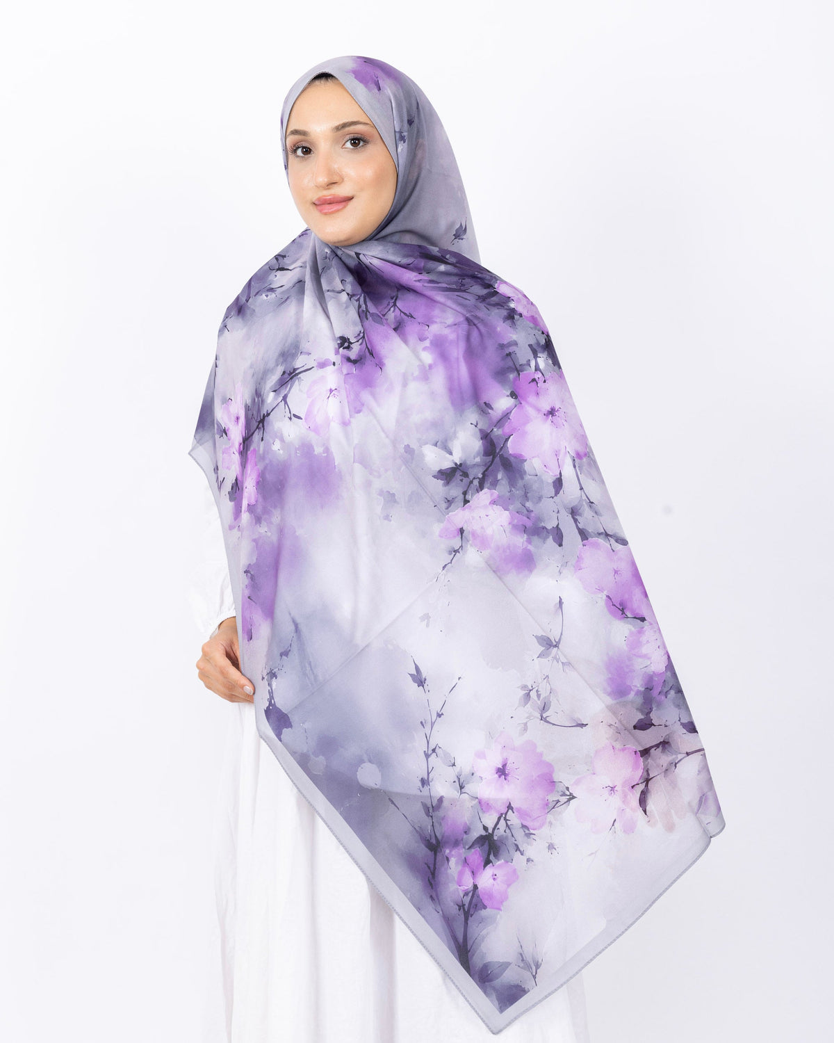 Fransız İpeği D017 Gri-Lila, çiçekli desenli, 75 × 185 cm şal – görsel 2