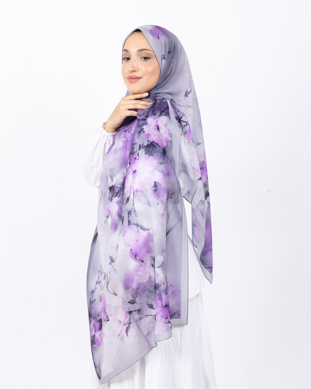 Fransız İpeği D017 Gri-Lila, çiçekli desenli, 75 × 185 cm şal – görsel 3