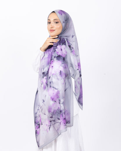 Fransız İpeği D017 Gri-Lila, çiçekli desenli, 75 × 185 cm şal – görsel 3