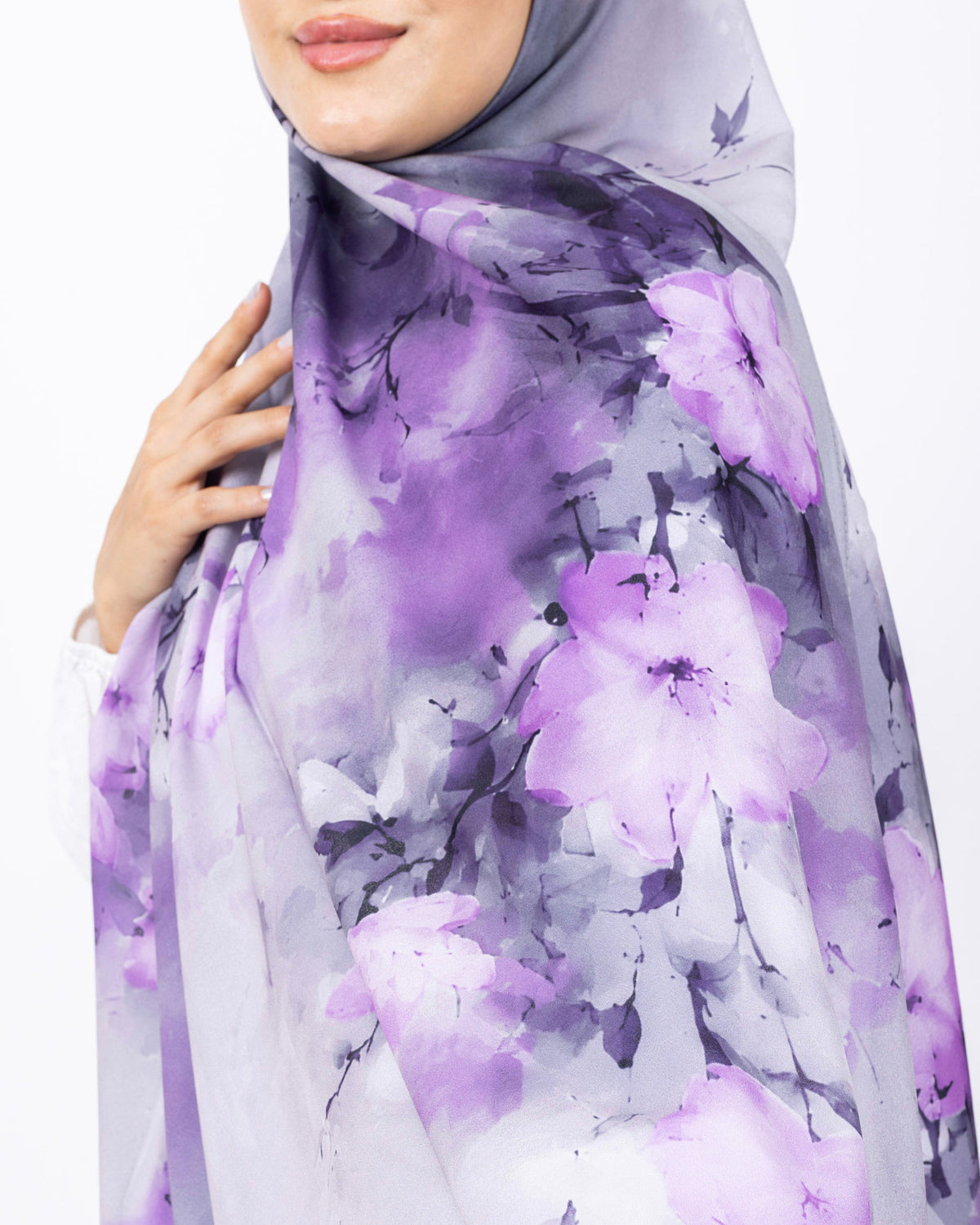 Fransız İpeği D017 Gri-Lila, çiçekli desenli, 75 × 185 cm şal – görsel 4