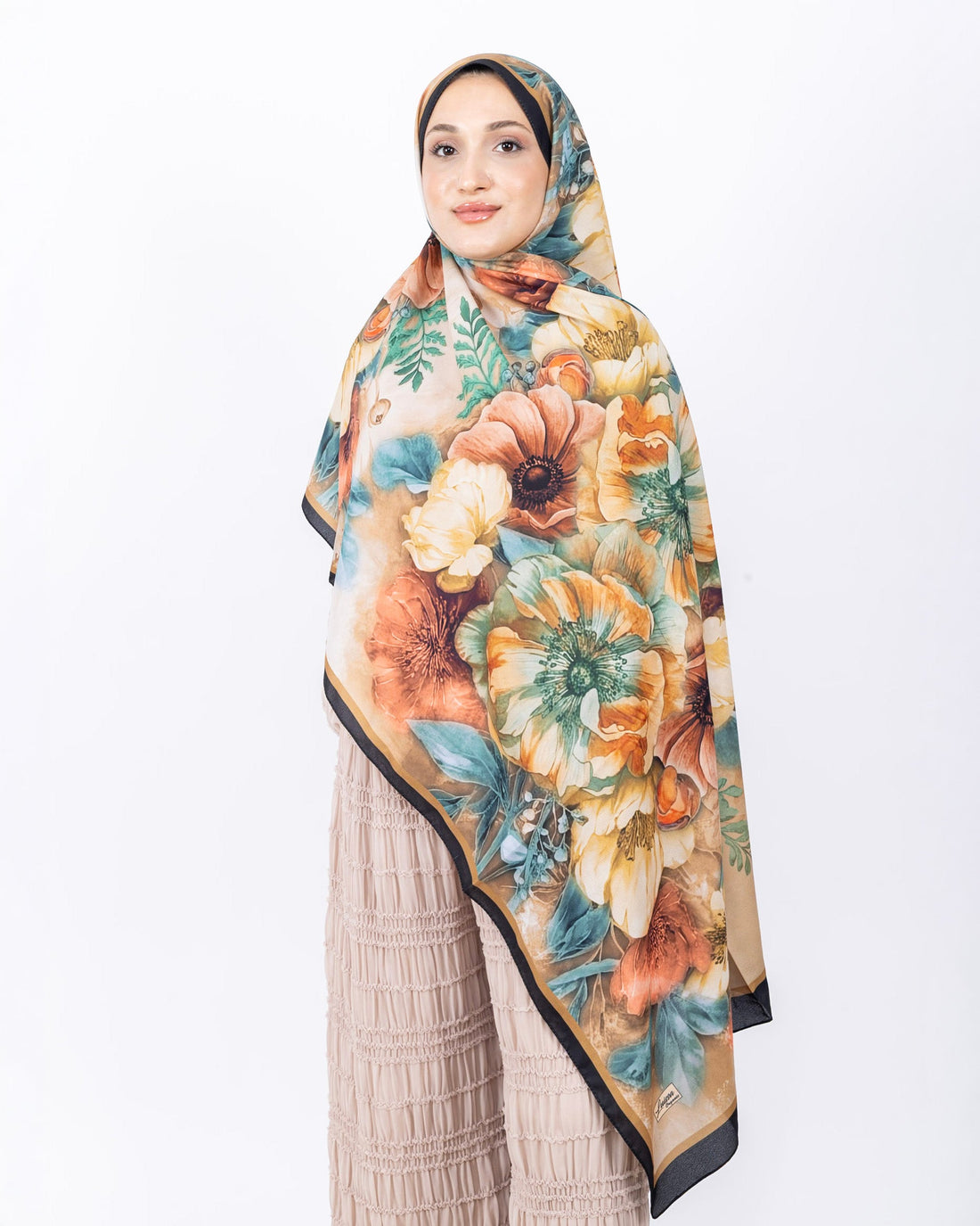 Mikro Soft Şal D006 Siyah-Kahve, çiçekli desenli, 75 × 185 cm şal – görsel 2