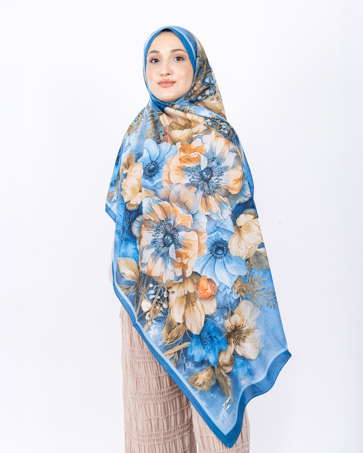 Mikro Soft Şal D006 İndigo Mavi, çiçekli desenli, 75 × 185 cm şal – görsel 2