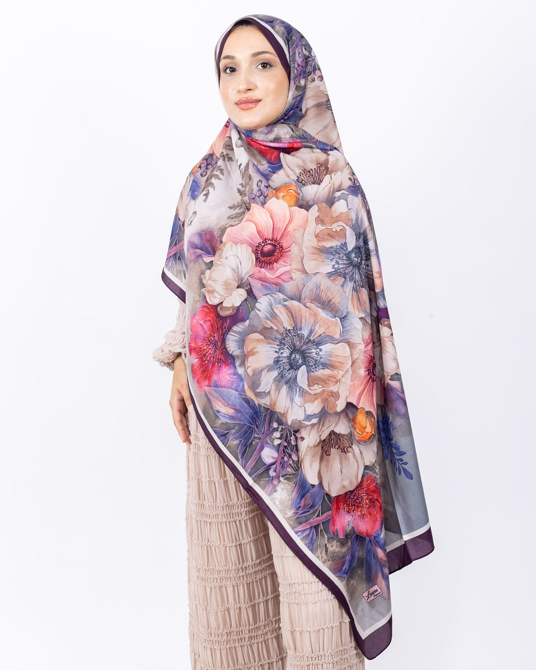 Mikro Soft Şal D006 Mürdüm, çiçekli desenli, 75 × 185 cm şal – görsel 2