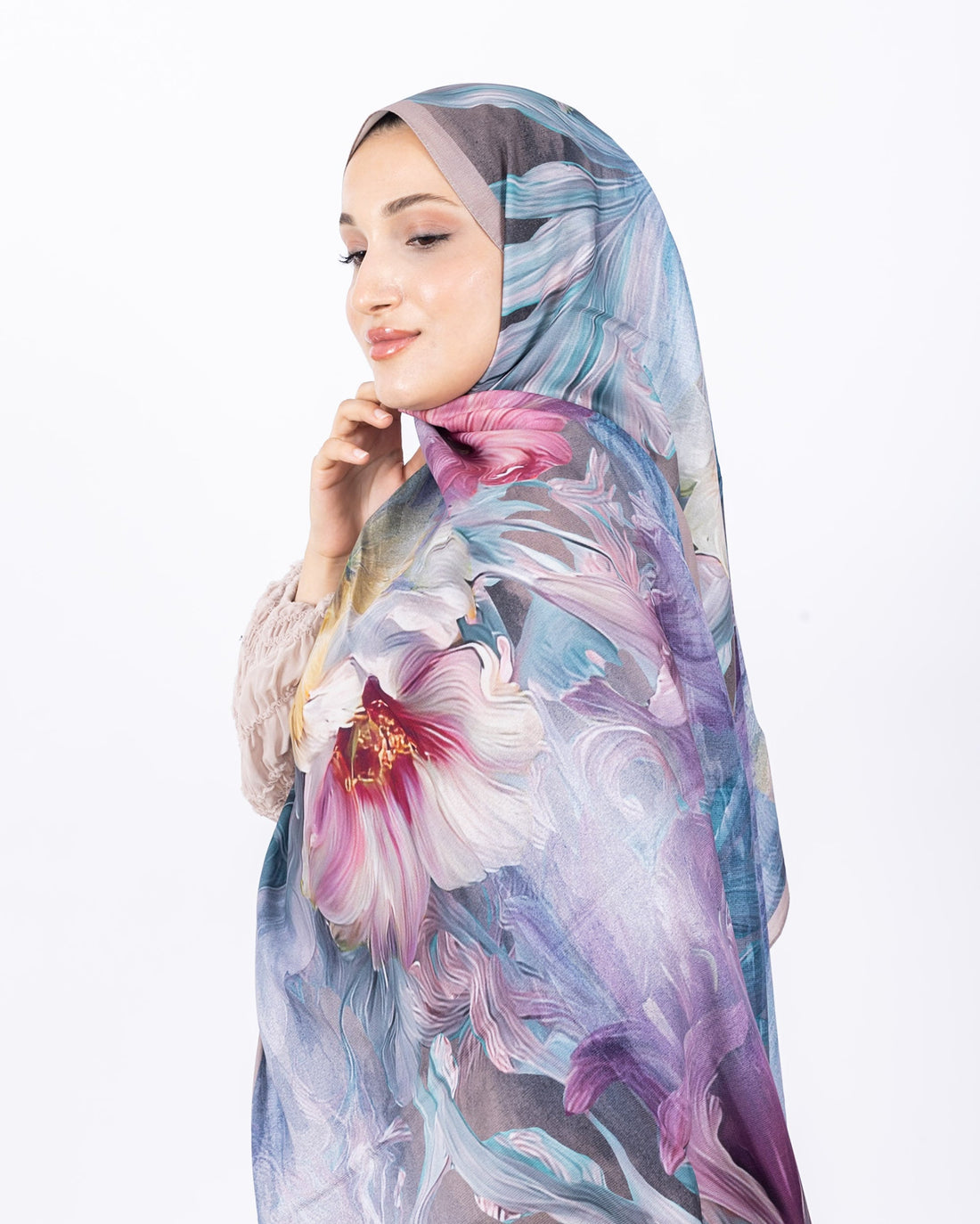Mikro Soft Şal D003 Vizon, çiçekli desenli, 75 × 185 cm şal – görsel 1