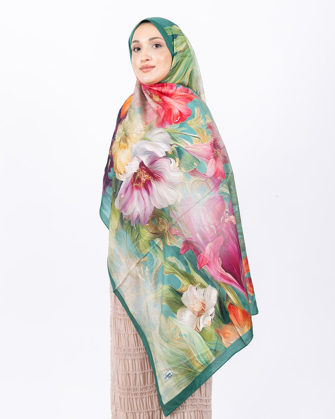 Mikro Soft Şal D003 Zümrüt Yeşili, çiçekli desenli, 75 × 185 cm şal – görsel 2