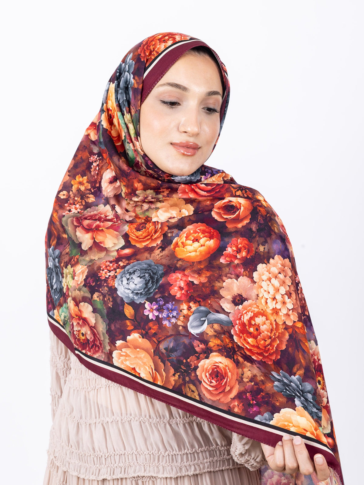 Mikro Soft Şal D001 Bordo, çiçekli desenli, 75 × 185 cm şal – görsel 1
