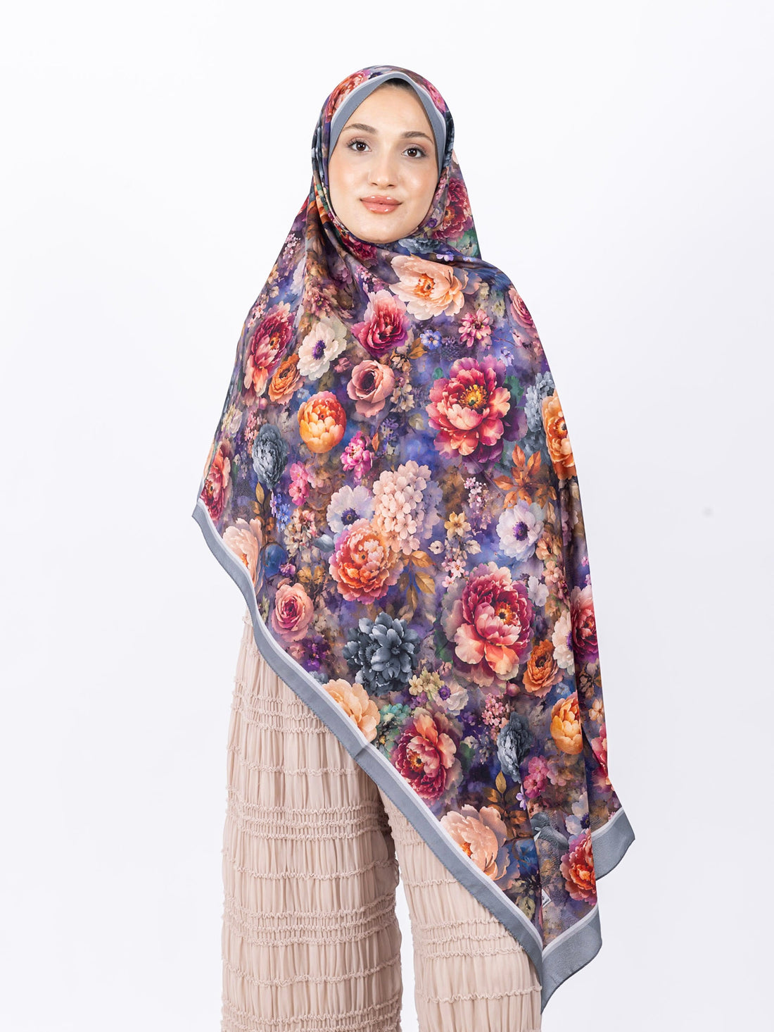 Mikro Soft Şal D001 Gri, çiçekli desenli, 75 × 185 cm şal – görsel 2