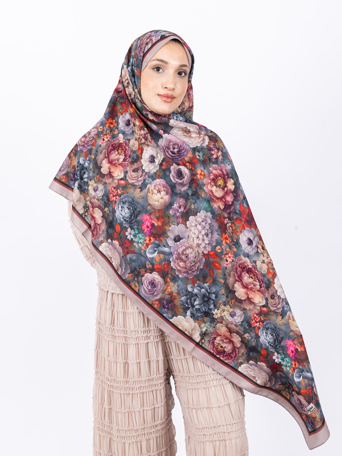 Mikro Soft Şal D001 Vizon, çiçekli desenli, 75 × 185 cm şal – görsel 2