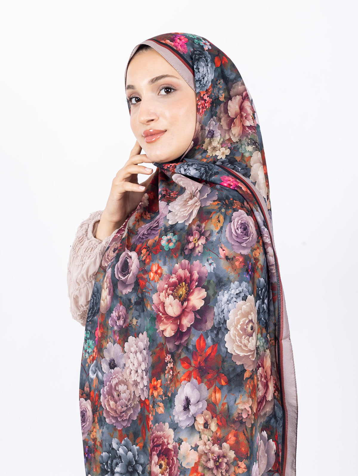 Mikro Soft Şal D001 Vizon, çiçekli desenli, 75 × 185 cm şal – görsel 3