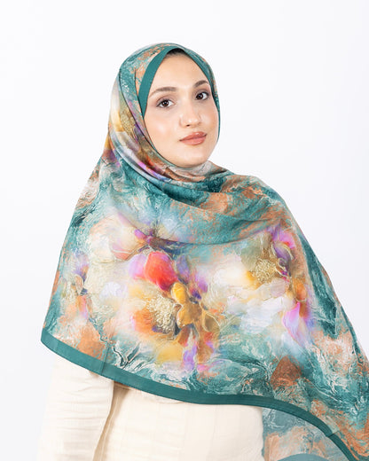 Mikro Soft Şal D009 Zümrüt Yeşili, çiçekli desenli, 75 × 185 cm şal – görsel 3