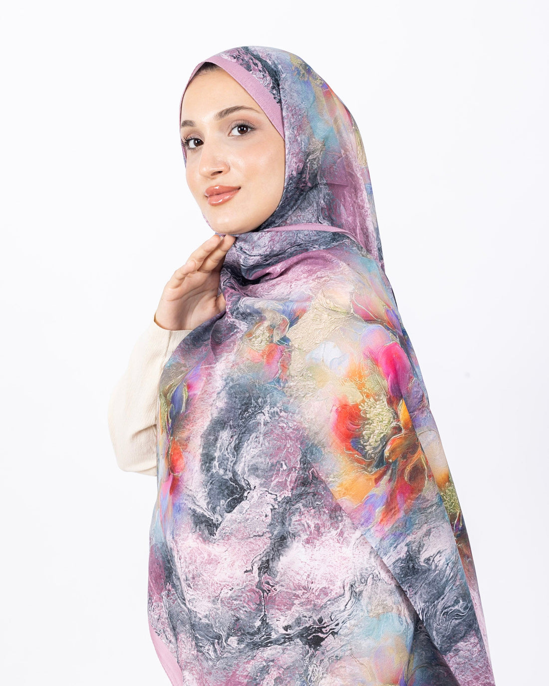 Mikro Soft Şal D009 Pudra, çiçekli desenli, 75 × 185 cm şal – görsel 1