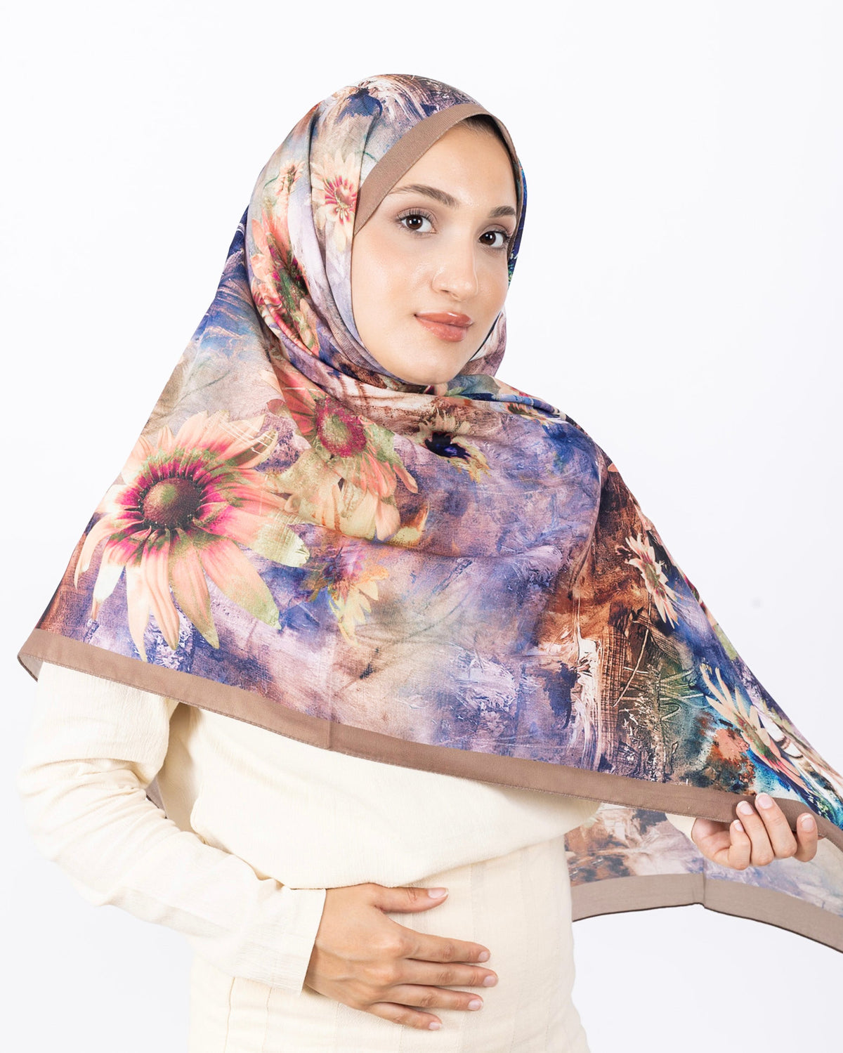 Mikro Soft Şal D002 Vizon, çiçekli desenli, 75 × 185 cm şal – görsel 3