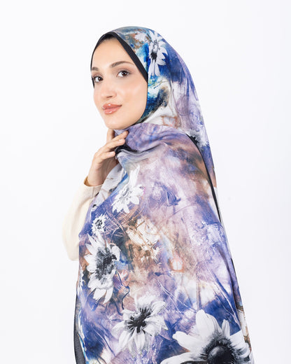 Mikro Soft Şal D002 Siyah-Mor, çiçekli desenli, 75 × 185 cm şal – görsel 1