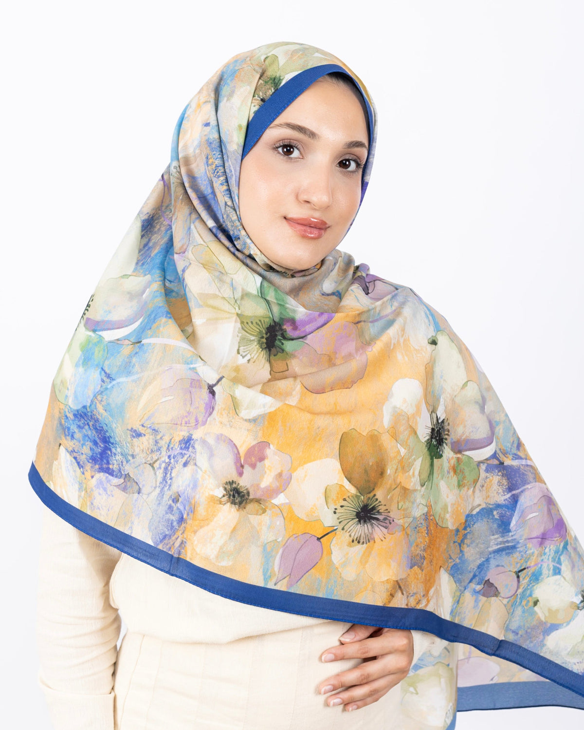 Mikro Soft Şal D015 İndigo Mavi, çiçekli desenli, 75 × 185 cm şal – görsel 1