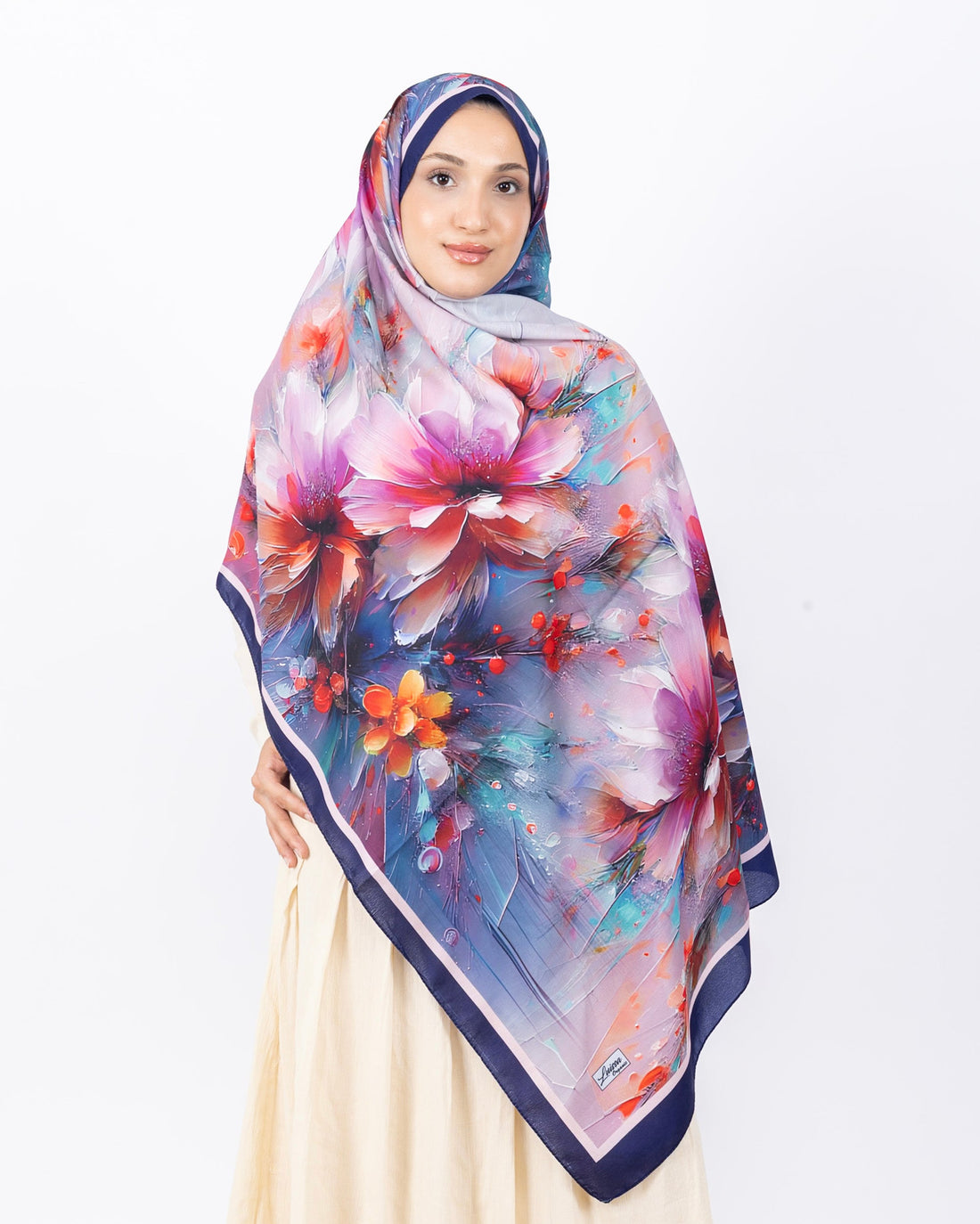 Mikro Soft Şal D004 Lacivert, çiçekli desenli, 75 × 185 cm şal – görsel 1