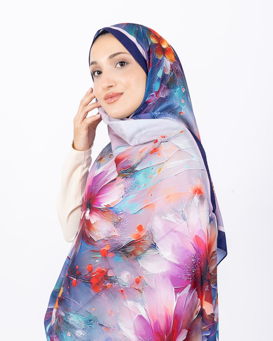 Mikro Soft Şal D004 Lacivert, çiçekli desenli, 75 × 185 cm şal – görsel 2