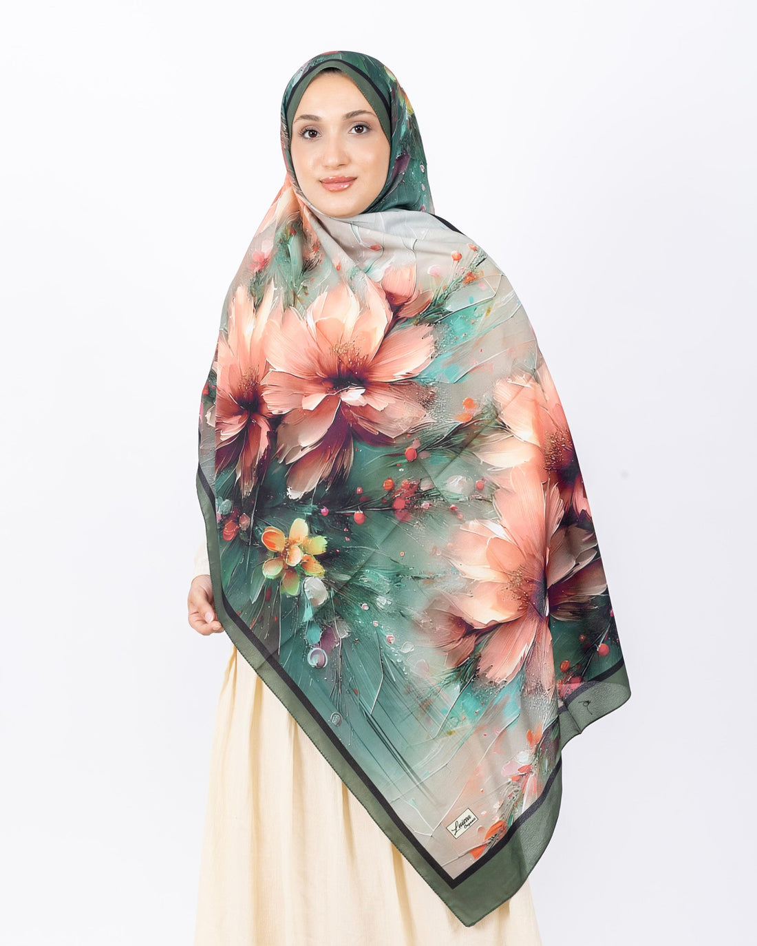 Mikro Soft Şal D004 Haki Yeşili, çiçekli desenli, 75 × 185 cm şal – görsel 2