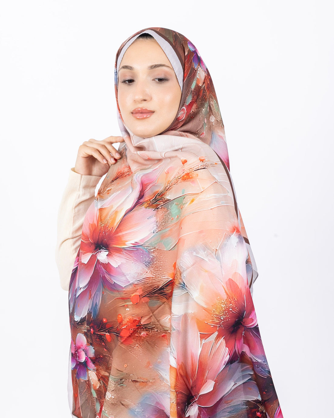 Mikro Soft Şal D004 Taş Rengi, çiçekli desenli, 75 × 185 cm şal – görsel 2