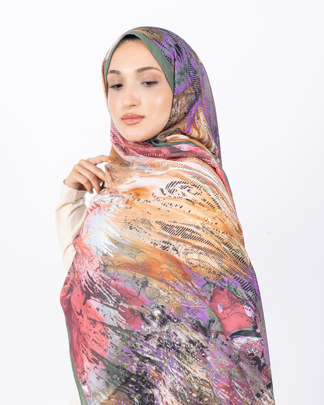 Mikro Soft Şal D016 Haki Yeşili, çiçekli desenli, 75 × 185 cm şal – görsel 2