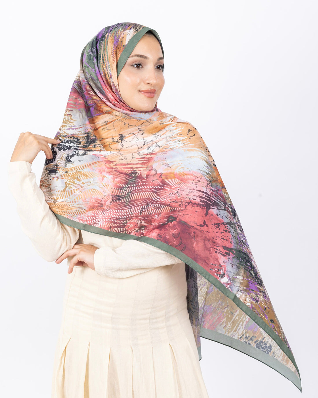 Mikro Soft Şal D016 Haki Yeşili, çiçekli desenli, 75 × 185 cm şal – görsel 1