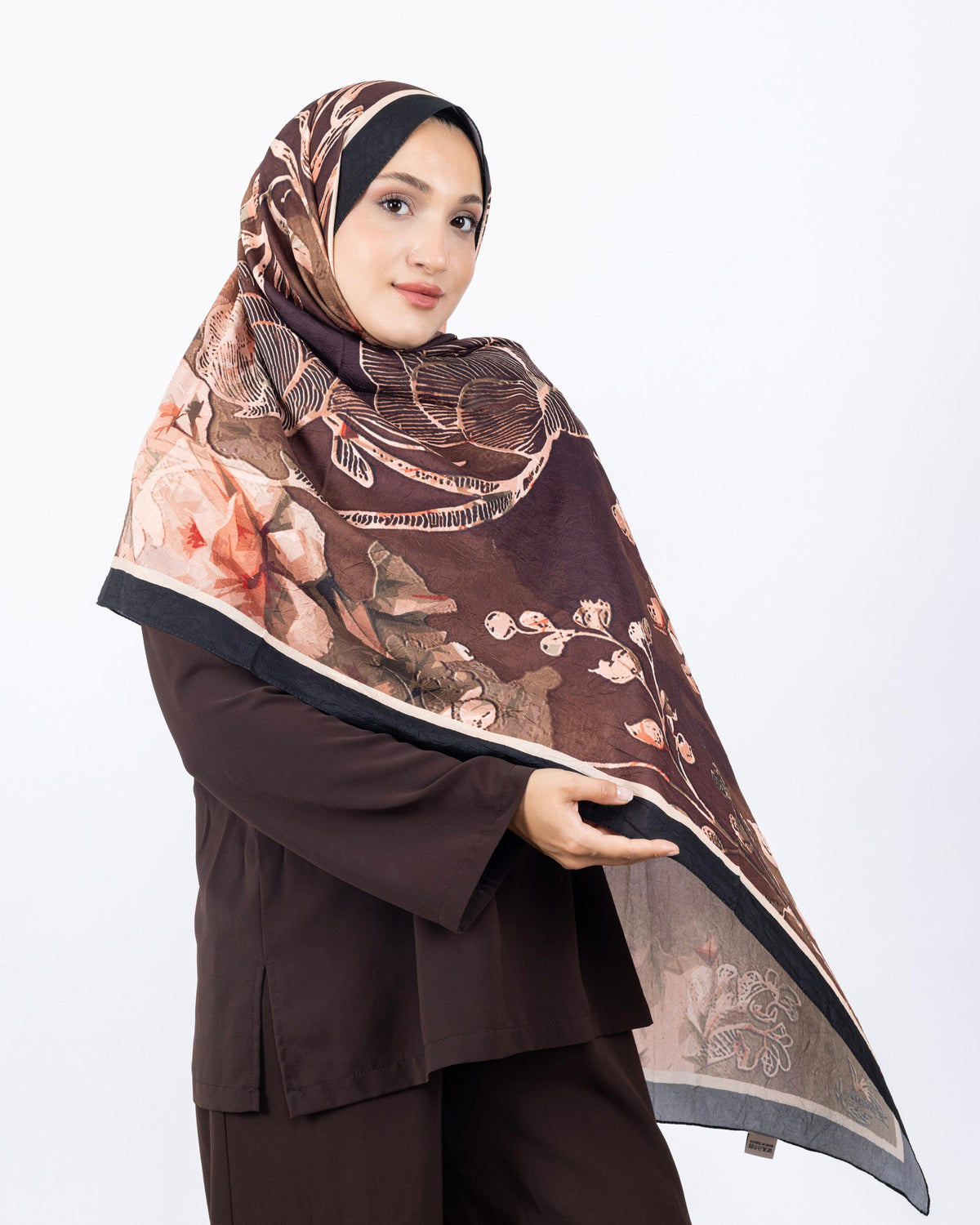 Mikro Bambu Kraş Şal D025 Siyah-Kahve, çiçekli desenli, 75 × 185 cm şal – görsel 1