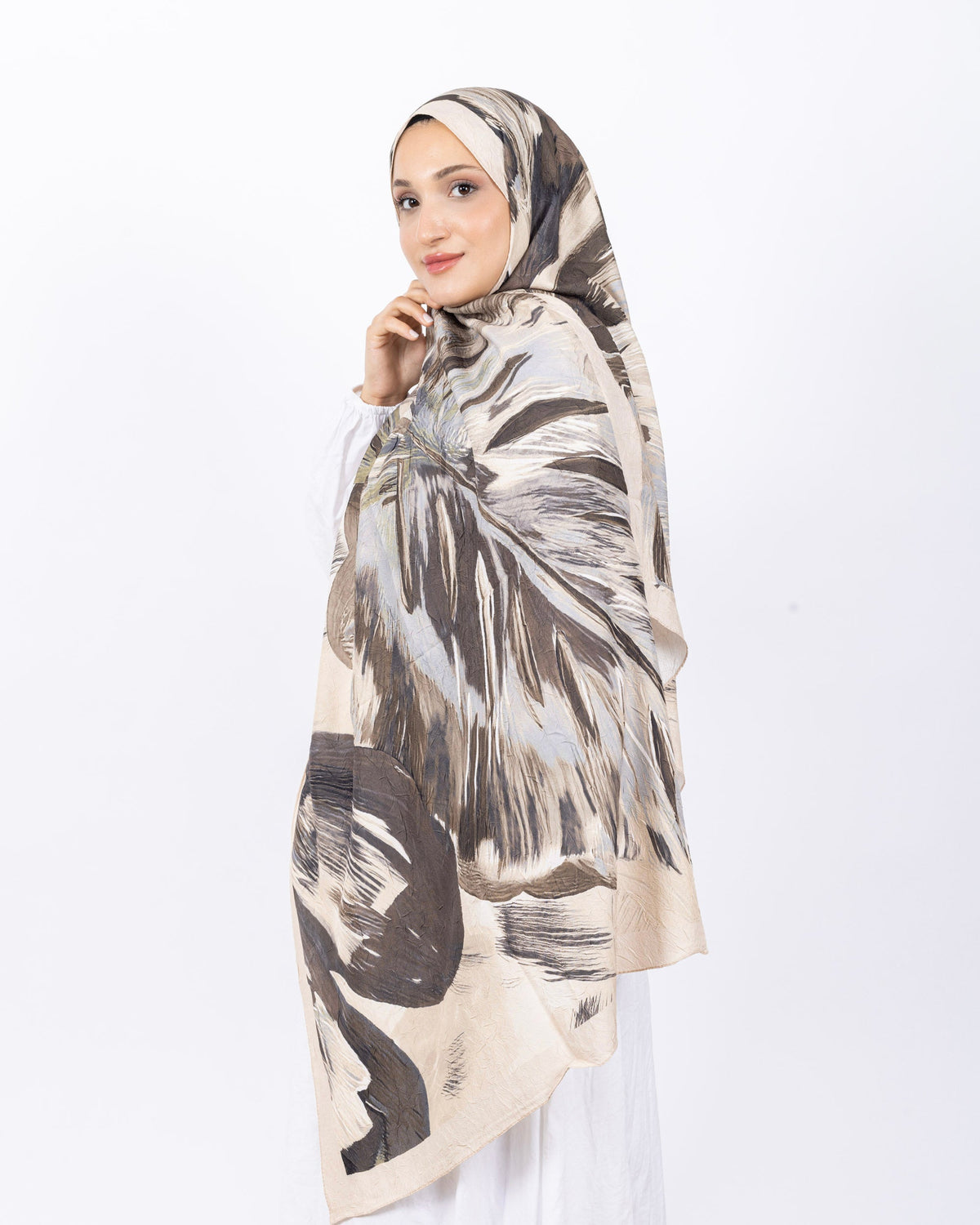 Mikro Bambu Kraş Şal D033 Taş Rengi, yapraklı desenli, 75 × 185 cm şal – görsel 3