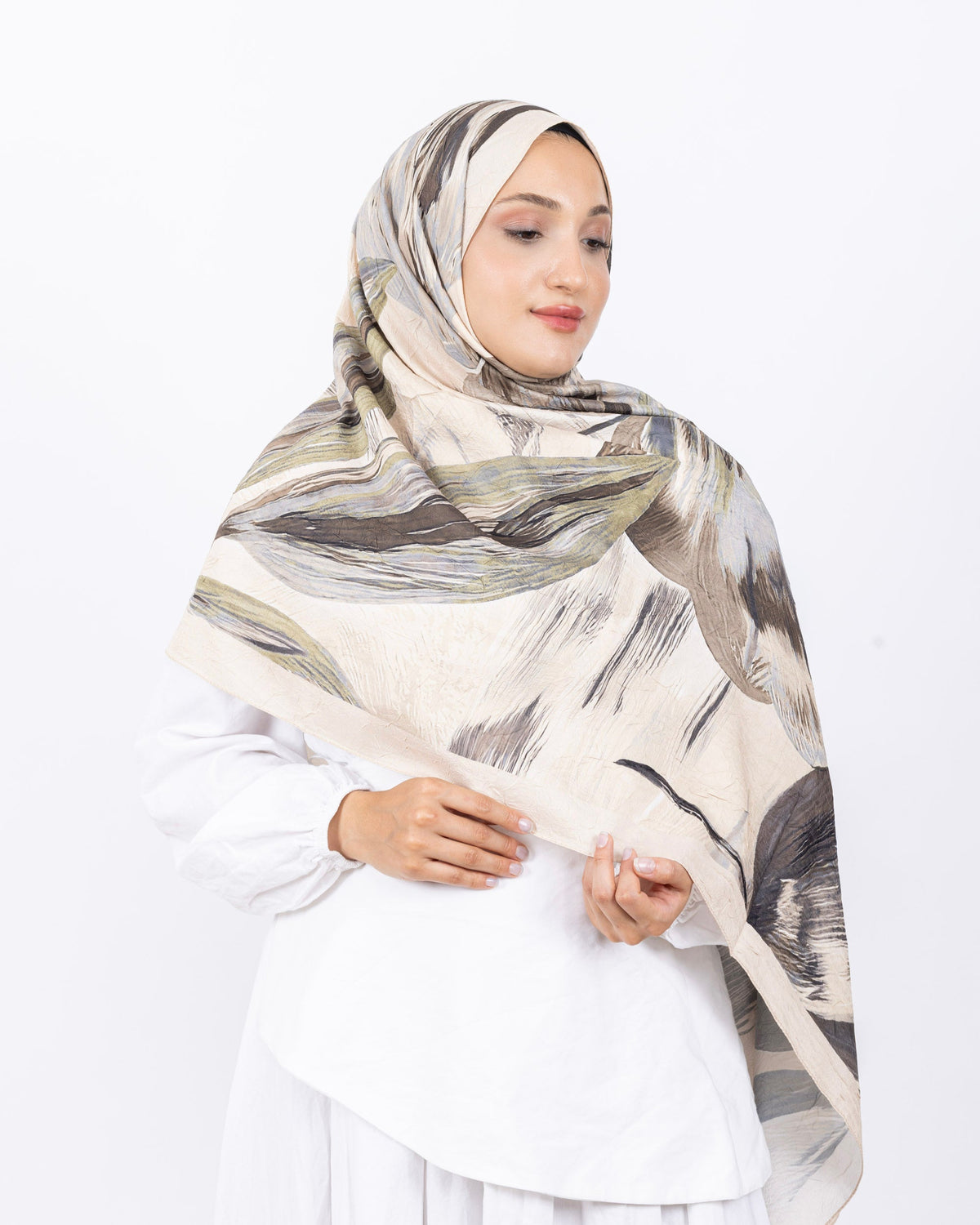 Mikro Bambu Kraş Şal D033 Taş Rengi, yapraklı desenli, 75 × 185 cm şal – görsel 4