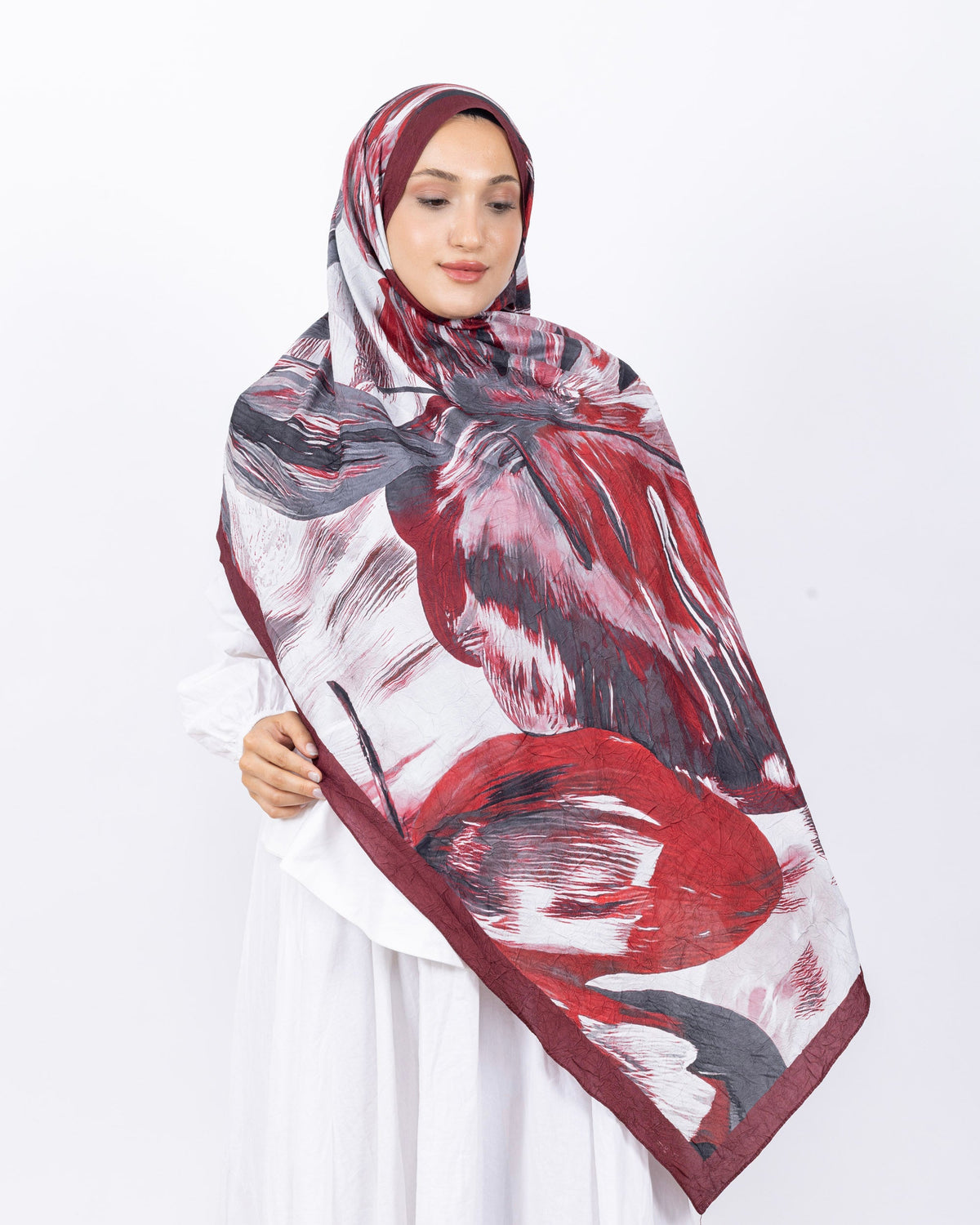 Mikro Bambu Kraş Şal D033 Bordo, yapraklı desenli, 75 × 185 cm şal – görsel 3