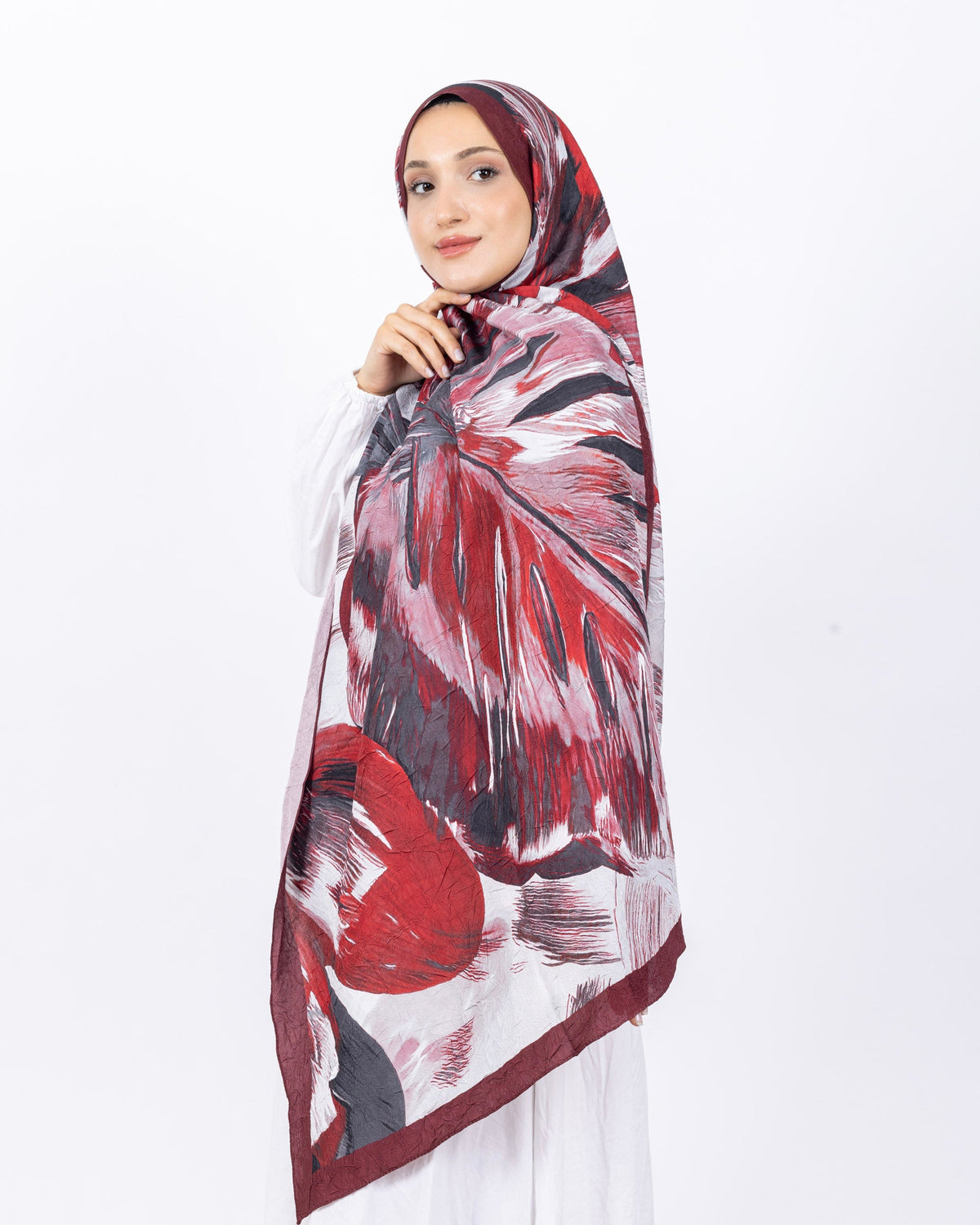 Mikro Bambu Kraş Şal D033 Bordo, yapraklı desenli, 75 × 185 cm şal – görsel 1