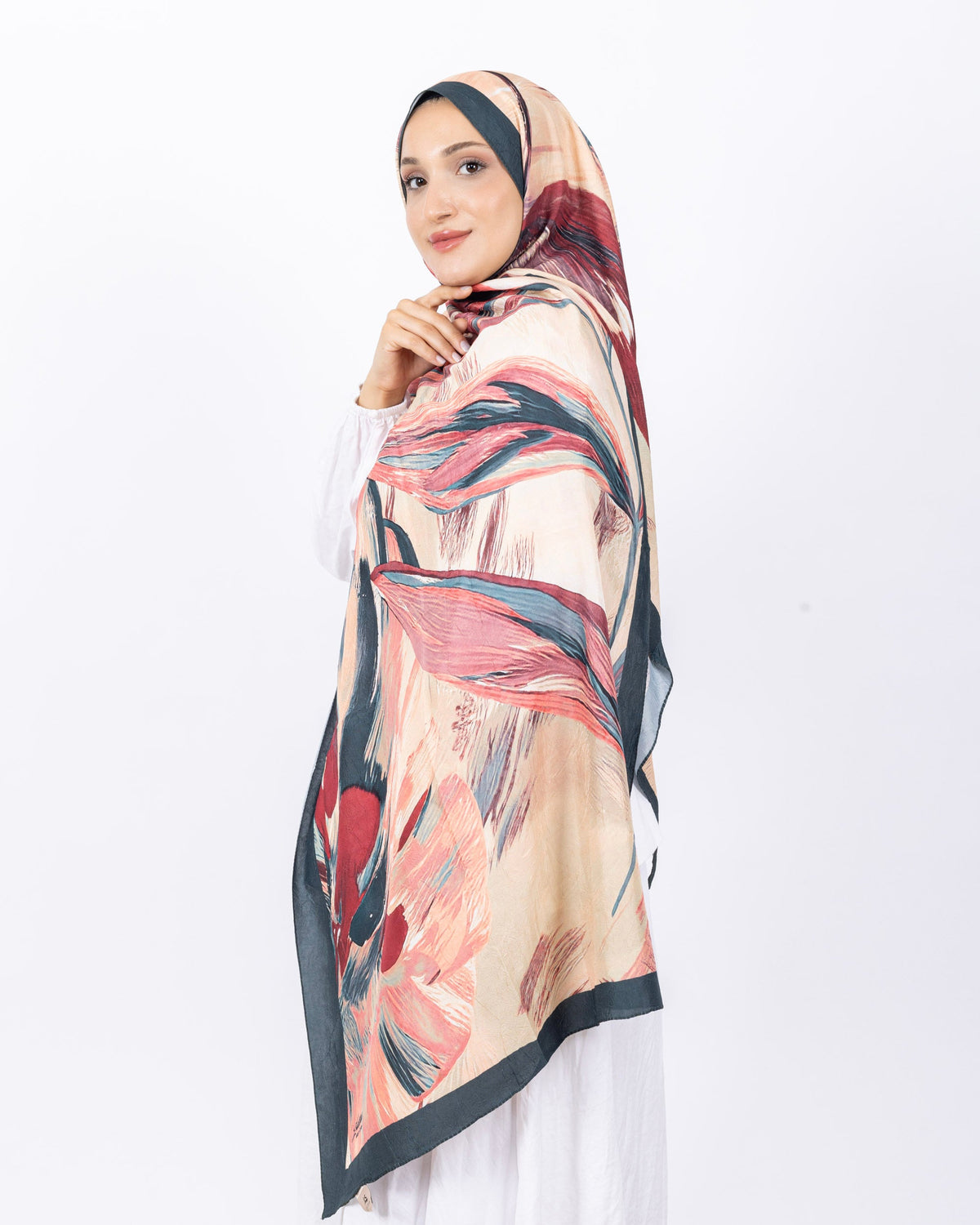 Mikro Bambu Kraş Şal D033 Zümrüt Yeşili, yapraklı desenli, 75 × 185 cm şal – görsel 1