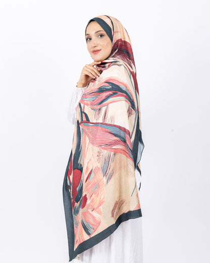 Mikro Bambu Kraş Şal D033 Zümrüt Yeşili, yapraklı desenli, 75 × 185 cm şal – görsel 1
