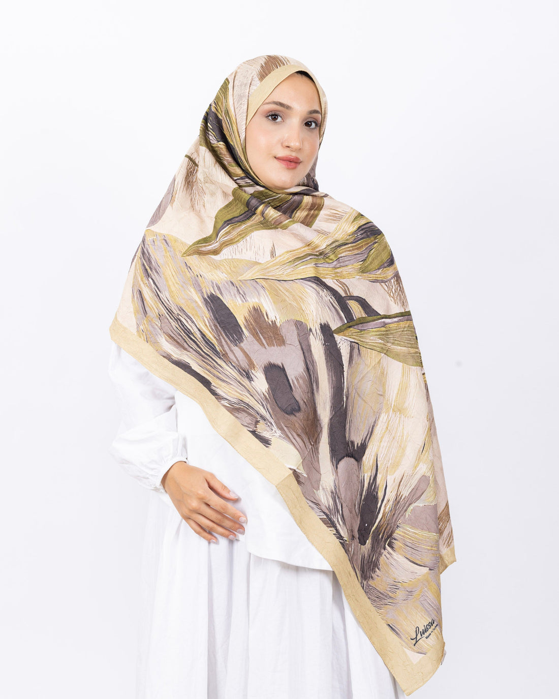 Mikro Bambu Kraş Şal D033 Hardal Sarısı, yapraklı desenli, 75 × 185 cm şal – görsel 2