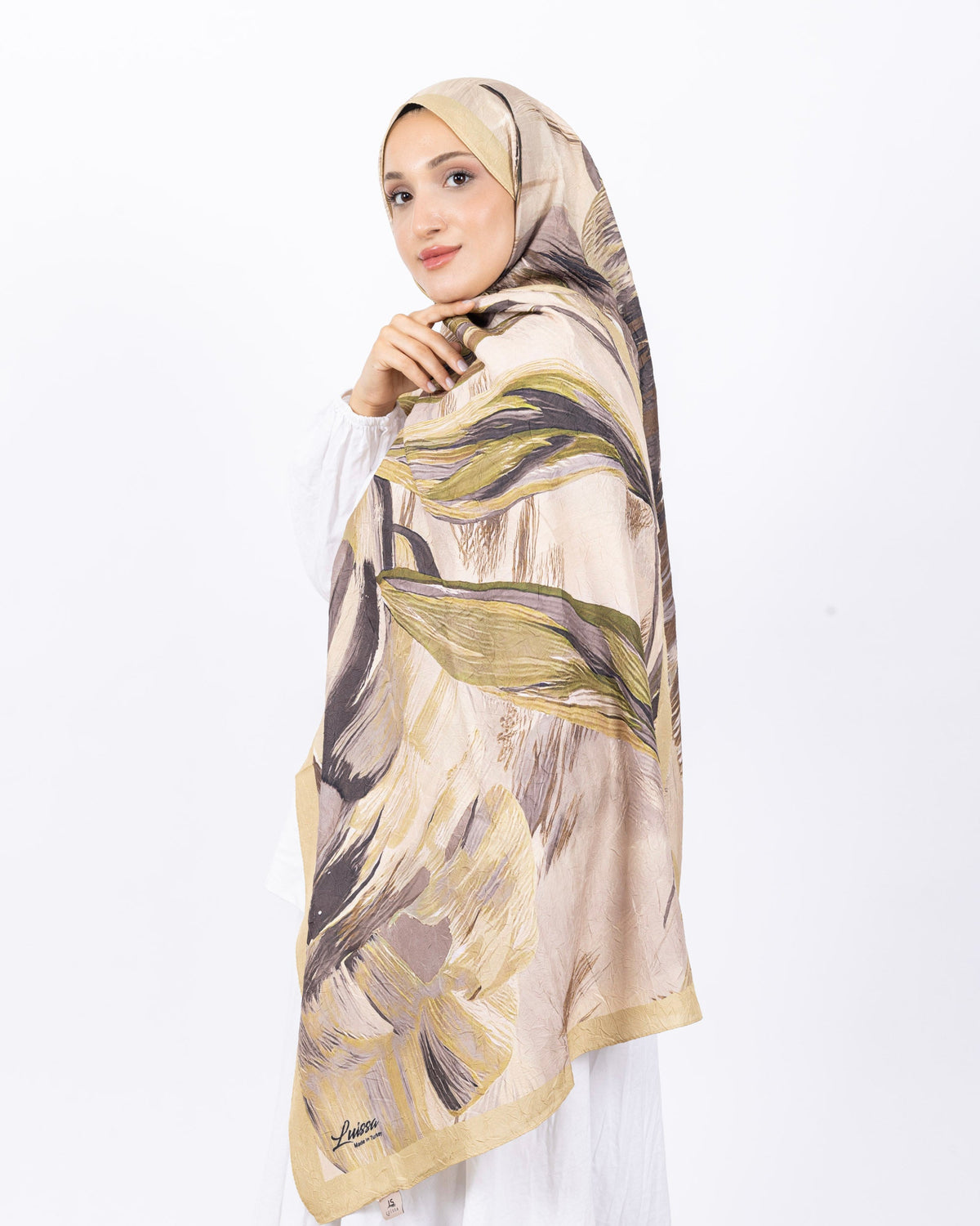 Mikro Bambu Kraş Şal D033 Hardal Sarısı, yapraklı desenli, 75 × 185 cm şal – görsel 3