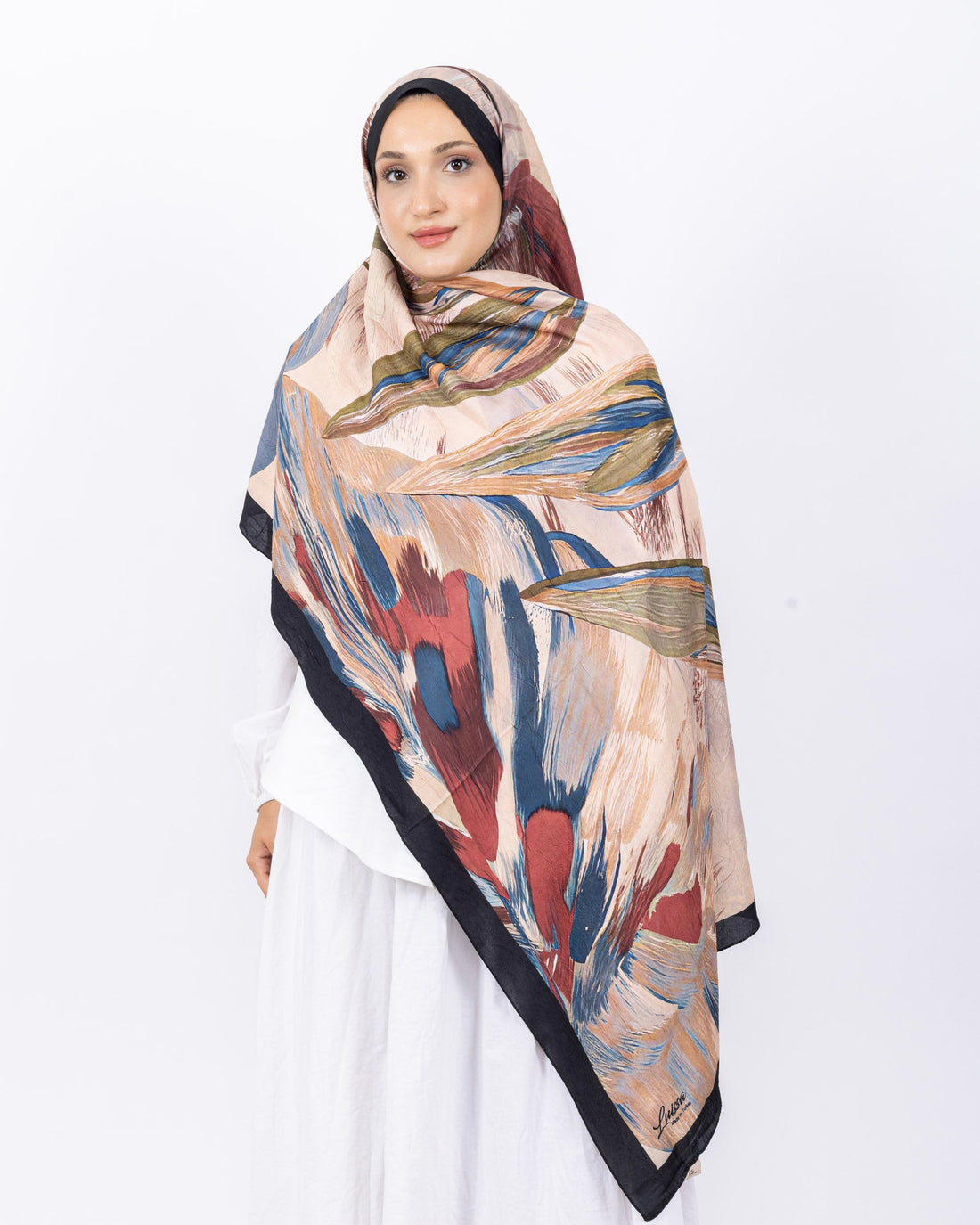Mikro Bambu Kraş Şal D033 Siyah-Mavi, Sİyah-Mavi renk, yapraklı desenli, 75 × 185 cm şal – görsel 2