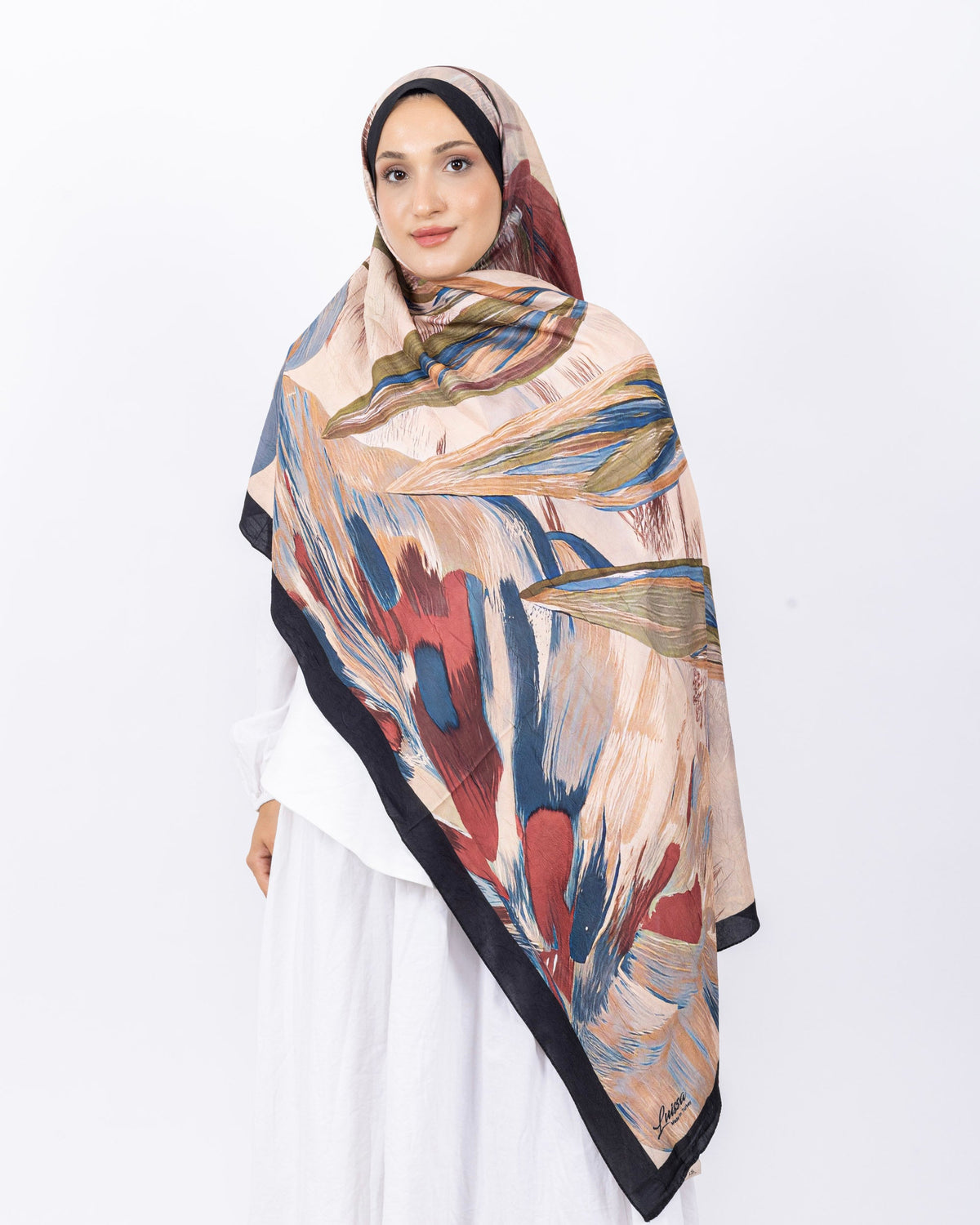 Mikro Bambu Kraş Şal D033 Siyah-Mavi, Sİyah-Mavi renk, yapraklı desenli, 75 × 185 cm şal – görsel 2