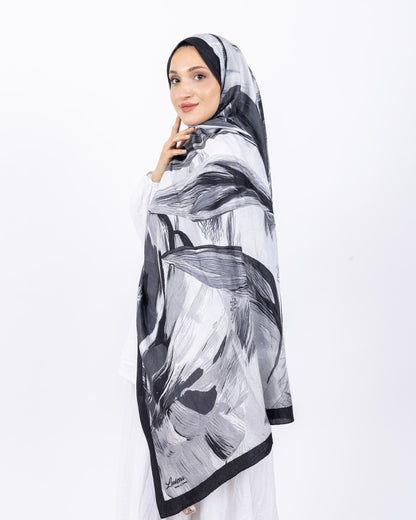 Mikro Bambu Kraş Şal D033 Siyah-Gri, yapraklı desenli, 75 × 185 cm şal – görsel 1
