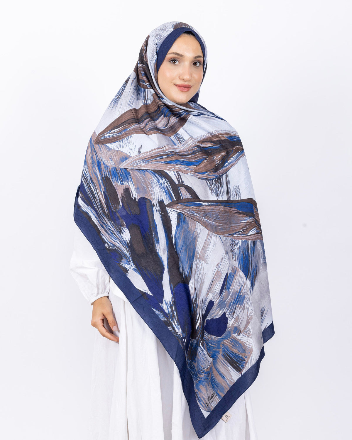 Mikro Bambu Kraş Şal D033 Lacivert, yapraklı desenli, 75 × 185 cm şal – görsel 2