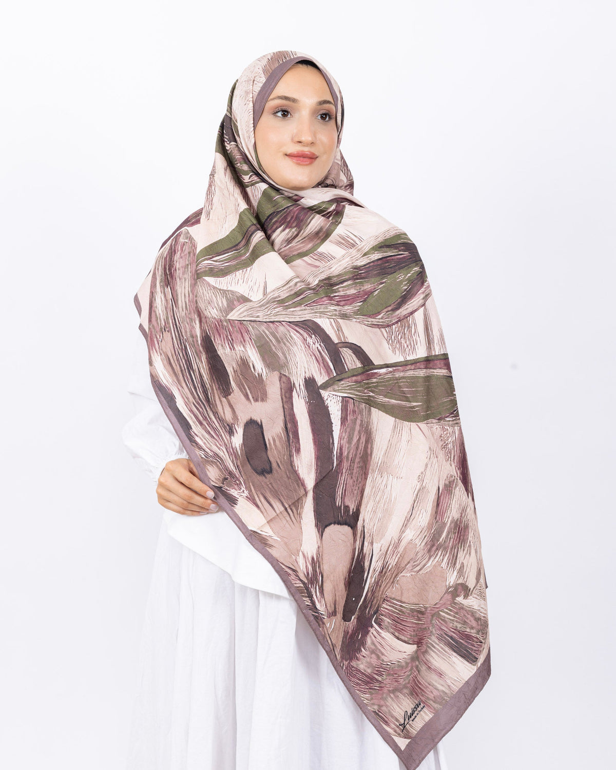 Mikro Bambu Kraş Şal D033 Vizon, yapraklı desenli, 75 × 185 cm şal – görsel 2