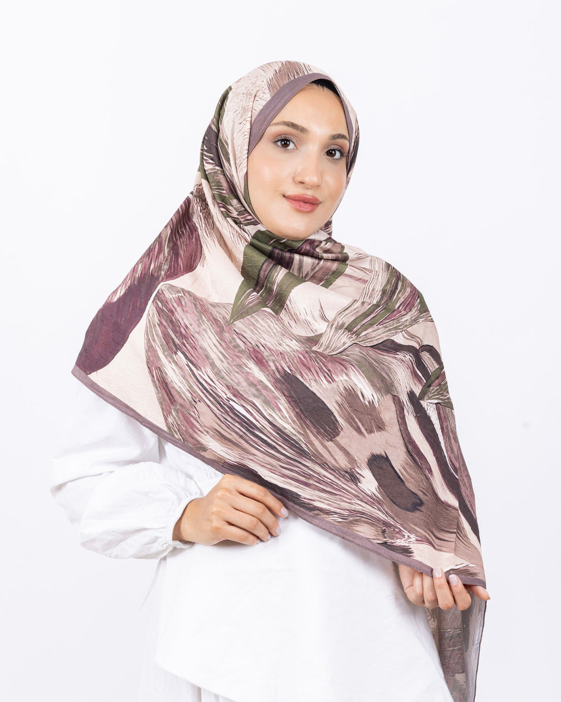Mikro Bambu Kraş Şal D033 Vizon, yapraklı desenli, 75 × 185 cm şal – görsel 1