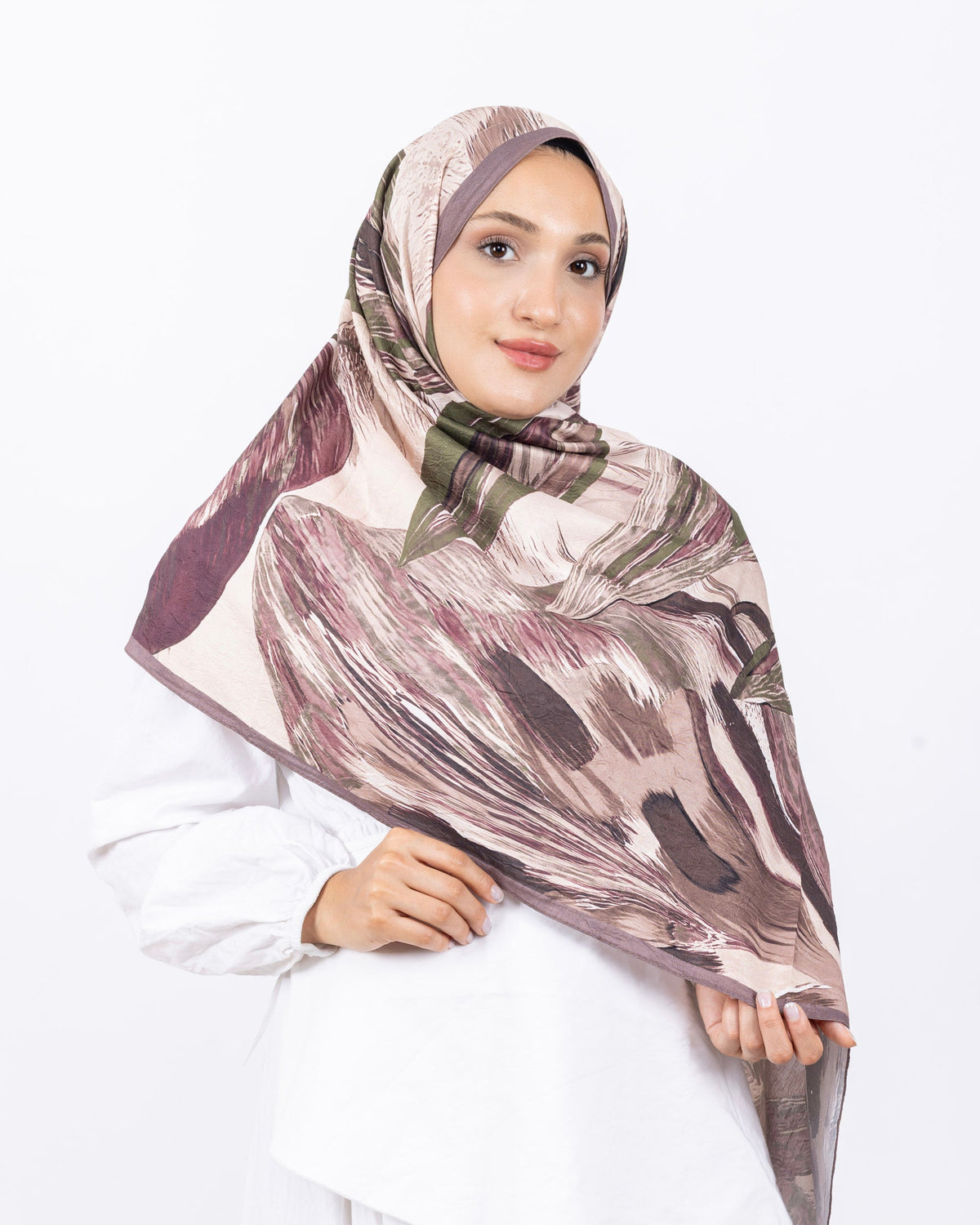 Mikro Bambu Kraş Şal D033 Vizon, yapraklı desenli, 75 × 185 cm şal – görsel 1