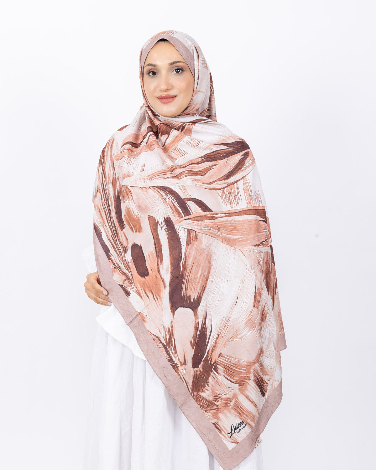 Mikro Bambu Kraş Şal D033 Bej, yapraklı desenli, 75 × 185 cm şal – görsel 1