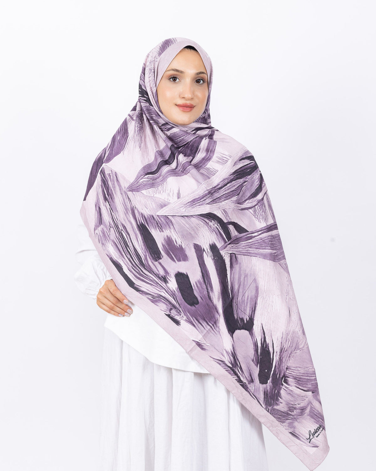 Mikro Bambu Kraş Şal D033 Lila-Mor, yapraklı desenli, 75 × 185 cm şal – görsel 1