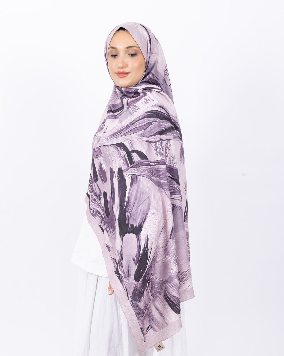 Mikro Bambu Kraş Şal D033 Lila-Mor, yapraklı desenli, 75 × 185 cm şal – görsel 2