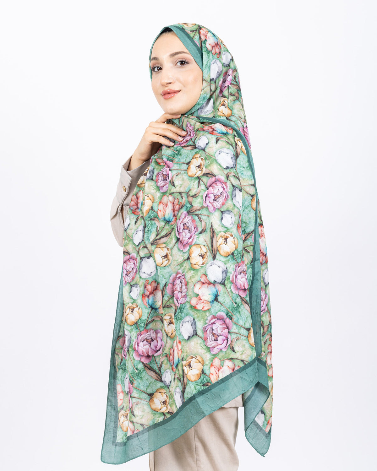 Soft Bambu Kraş Şal D036 Mint Yeşili, rose desenli, 75 × 185 cm şal – görsel 3