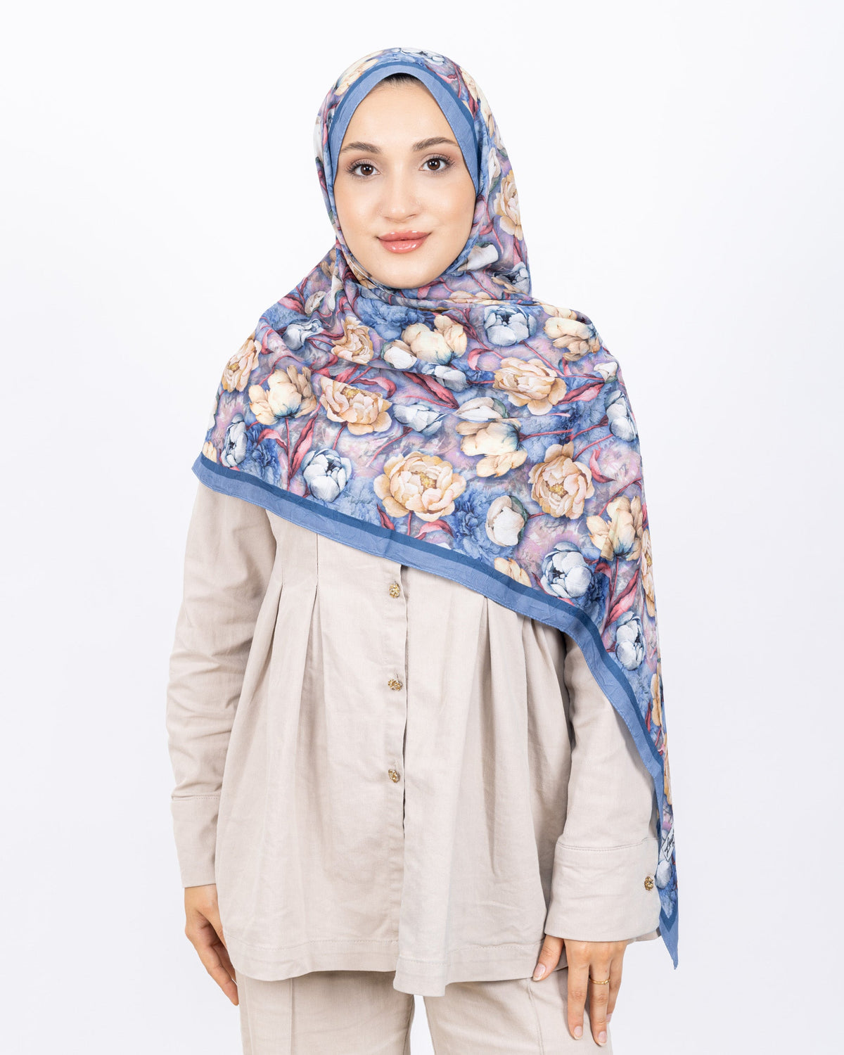 Soft Bambu Kraş Şal D036 Mavi, rose desenli, 75 × 185 cm şal – görsel 2