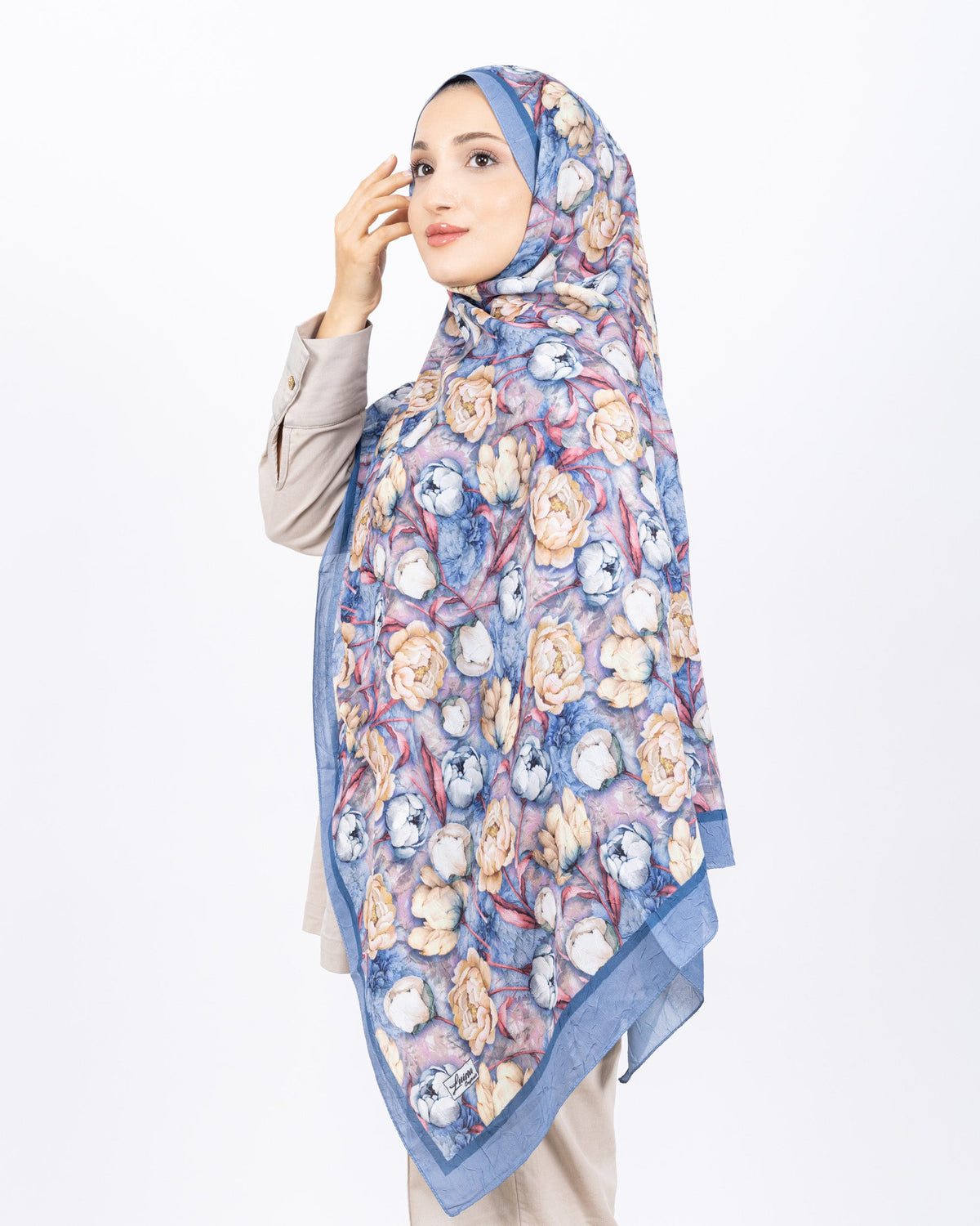 Soft Bambu Kraş Şal D036 Mavi, rose desenli, 75 × 185 cm şal – görsel 1