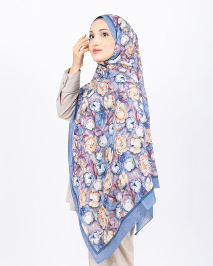 Soft Bambu Kraş Şal D036 Mavi, rose desenli, 75 × 185 cm şal – görsel 1