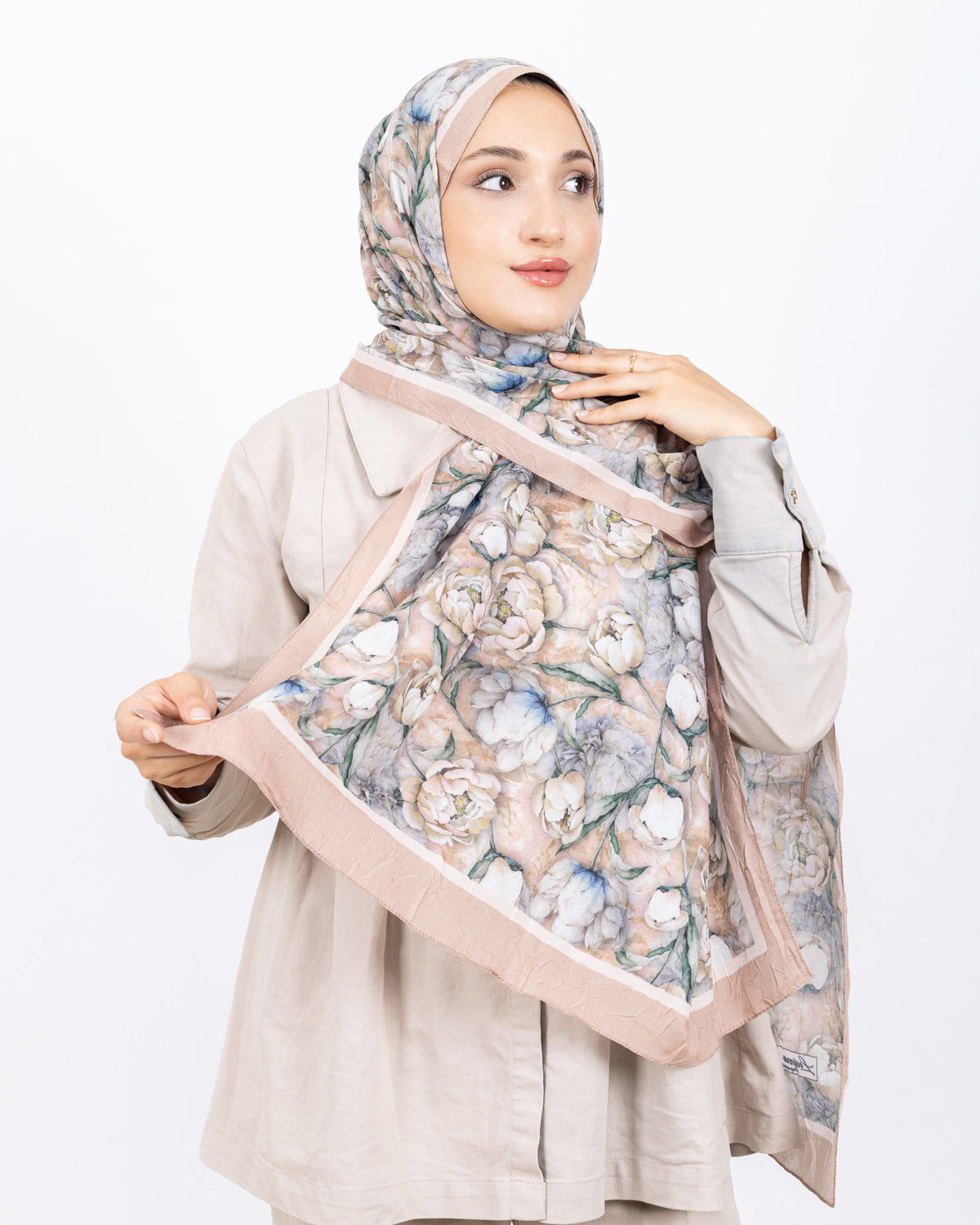 Soft Bambu Kraş Şal D036 Bej Rengi, rose desenli, 75 × 185 cm şal – görsel 1